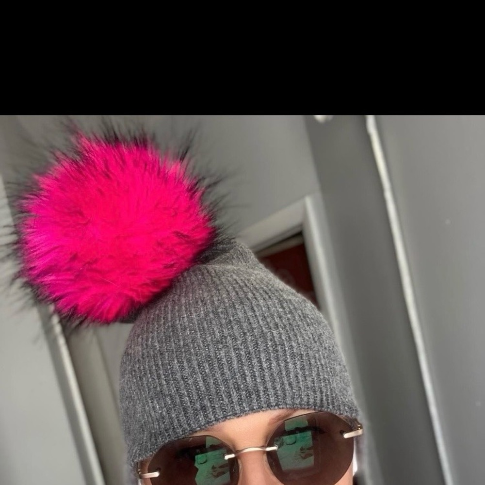 Gray Wool Blend Beanie with Pink Pom Pom
